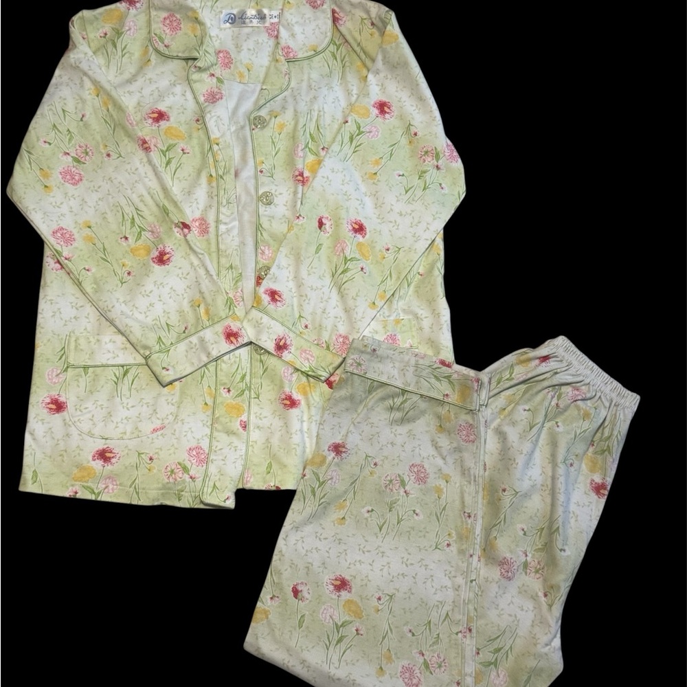 Vintage LainDien Pajama Set Button Down Pj - Light Green and Pink Floral Print